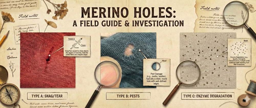 A guided image showing different types of merino holes and where the damage is likely coming from