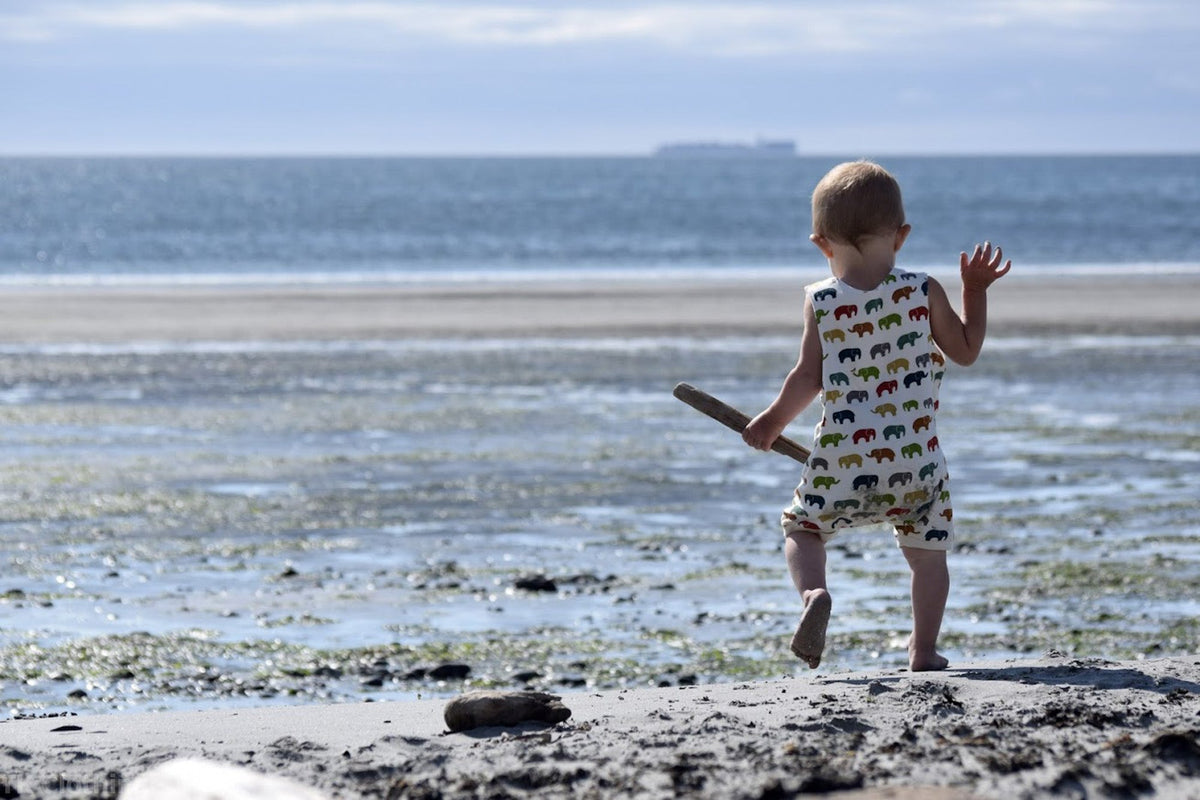 Toddler walking away on a sandy beach holding a piece of driftwood, wearing a sleeveless organic cotton romper with a colorful elephant print.