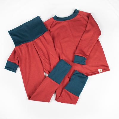 TK Clothing handmade kids red and teal base layer set on white background
