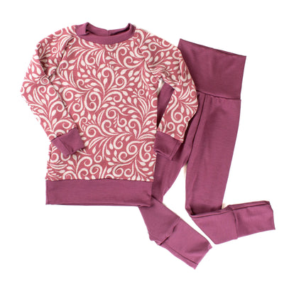 Handmade mauve and cream swirl print kids' base layer set from TK Clothing Inc, North Saanich BC