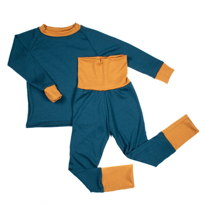 Teal and mustard kids base layer set, long sleeve top and pants, TK Clothing Inc handmade apparel