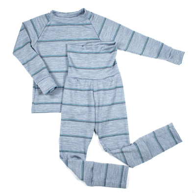 Blue striped merino wool long sleeve shirt and pants base layer set from TK Clothing Inc, laid flat