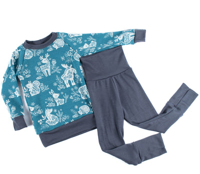 Children's handmade woodland animal print sweatshirt and gray leggings flat lay, TK Clothing Inc.