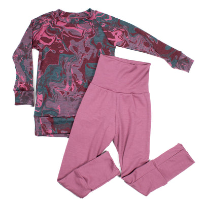 Marbled long sleeve top and pink leggings set from TK Clothing Inc, handmade in North Saanich BC